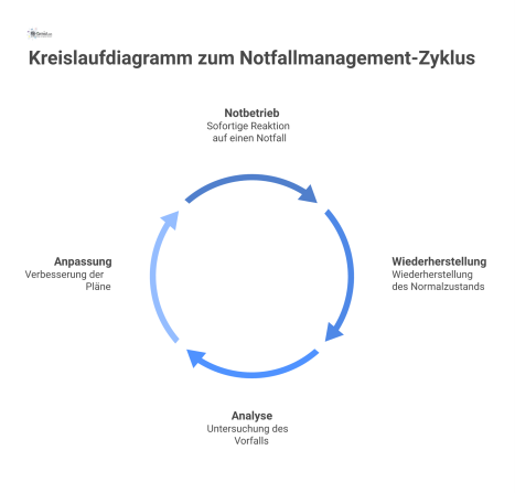 Ein Kreislaufdiagramm des Notfallmanagement-Zyklus mit den vier Phasen Notbetrieb, Wiederherstellung, Analyse und Anpassung der Pläne. 