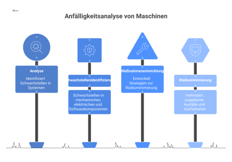 Prozessdiagramm, das die Analyse von Maschinen, die Identifizierung von Schwachstellen und die Entwicklung von Maßnahmen zur Risikominimierung zeigt. 