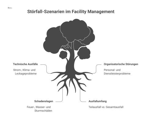 Baumdiagramm zu Störfall-Szenarien im Facility Management mit den vier Hauptzweigen: Technische Ausfälle, organisatorische Störungen, Schadenslagen und Ausfallumfang. 
