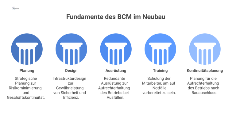 Infografik über Business Continuity Management im Neubau, dargestellt durch fünf Säulen: Planung, Design, Ausrüstung, Training und Kontinuitätsplanung.
