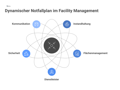 Diagramm des Lebenden Notfallplans, koordiniert vom Facility Management, der mit den Betriebsprozessen Instandhaltung, Sicherheit und Kommunikation verbunden ist. 