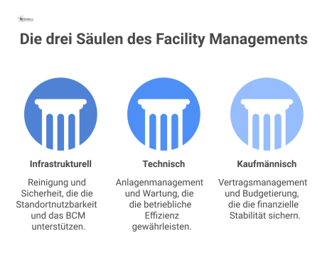 Diagramm der drei Säulen des Facility Managements, wobei die infrastrukturelle Säule als Fundament die Standortnutzbarkeit und das Business Continuity Management unterstützt.