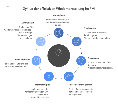 Kreisdiagramm zur Wiederherstellungsfähigkeit, das sieben verbundene Erfolgsfaktoren wie Vorbereitung, Priorisierung und Kommunikation zeigt, die zu einem belastbaren Gesamtsystem beitragen. 
