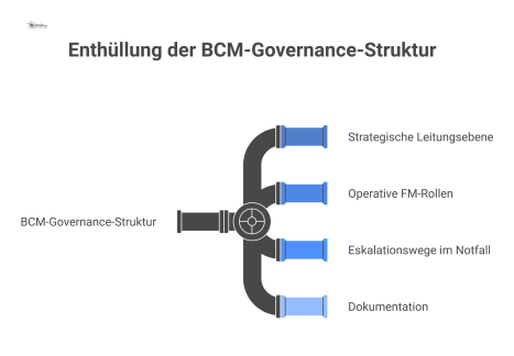 Diagramm der BCM-Governance-Struktur im Facility Management, das die Hierarchie von der Leitungsebene zu operativen Rollen und Eskalationsprozesse darstellt.
