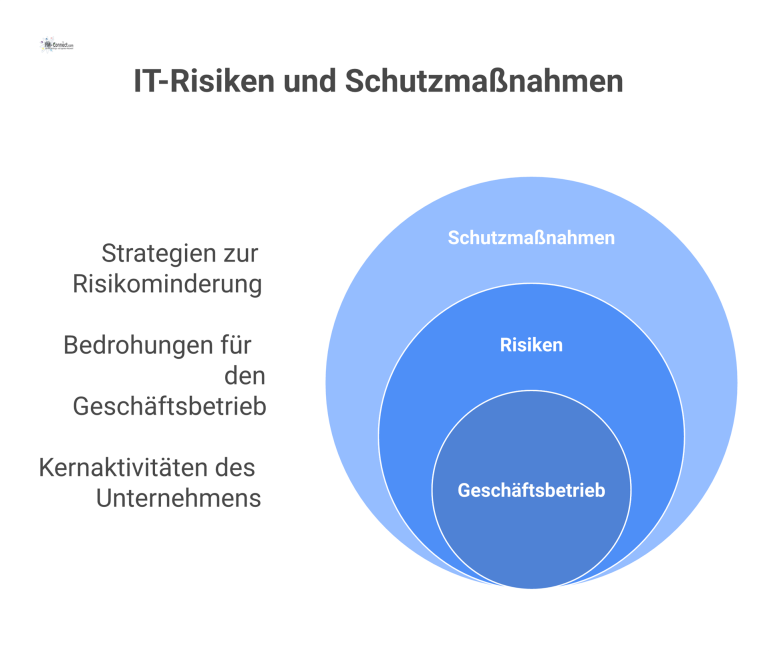 Diagramm, das den Geschäftsbetrieb im Zentrum zeigt, umgeben von IT-Bedrohungen und geschützt durch konzentrische Schilde wie Datensicherung und Notfallpläne. 