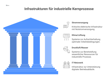 Infografik von Infrastruktursäulen wie Strom und Klima, welche die darüber liegenden Kernprozesse Produktion und IT-Systeme eines Industriegebäudes tragen. 