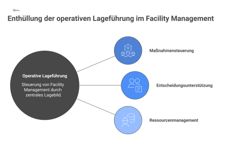  Diagramm, das die operative Lageführung im Facility Management darstellt, mit einem zentralen Lagebild, das drei Kernbereiche steuert.