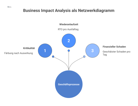 Netzwerkdiagramm einer Business Impact Analysis, das Geschäftsprozesse als farbcodierte Knoten mit RTO und finanziellem Schaden sowie deren Abhängigkeiten zeigt.