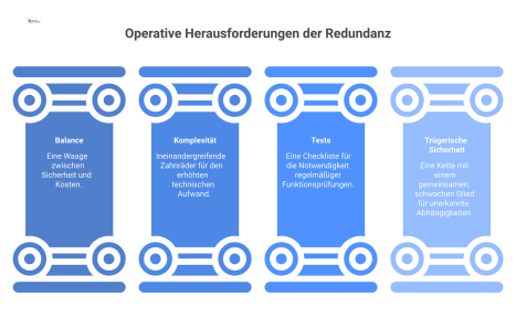 Infografik der vier Herausforderungen von Redundanz im Facility Management, illustriert durch eine Waage, Zahnräder, Checkliste und Kette. 