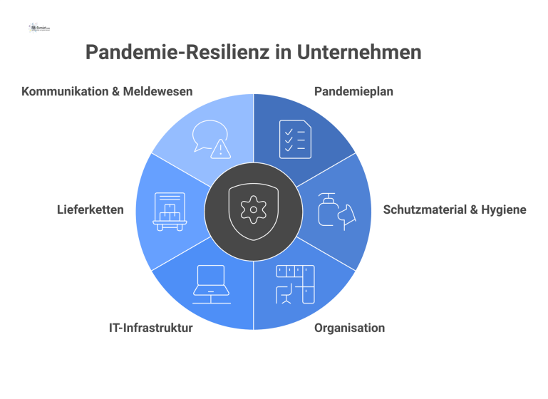  Hub-and-Spoke-Diagramm zur Pandemie-Vorsorge mit sechs Bereichen: Pandemieplan, Schutzmaterial, Organisation, IT-Infrastruktur, Lieferketten und Kommunikation. 