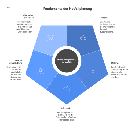 Eine Mindmap visualisiert die fünf Säulen der Ressourcenplanung für Notfälle: Personal, Material, Information, externe Unterstützung und alternative Ressourcen. 