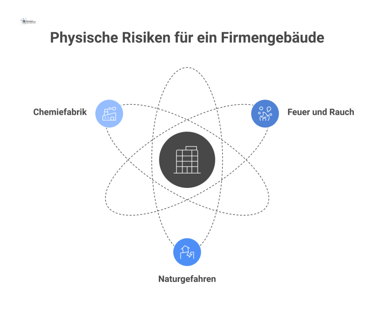  Infografik eines Firmengebäudes, umgeben von Symbolen für interne, externe und umgebungsbedingte physische Risiken wie Feuer, Flut und Chemikalien. 