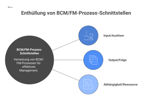 Diagramm mit dem zentralen Prozess 'Notfallmaßnahmen' und den verbundenen Schnittstellen 'Störungserkennung', 'Wiederanlauf' sowie 'Dienstleistermanagement'.