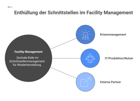 Hub-and-Spoke-Diagramm, das Facility Management im Zentrum zeigt, verbunden mit Krisenmanagement, IT/Produktion/Nutzer und externen Partnern. 
