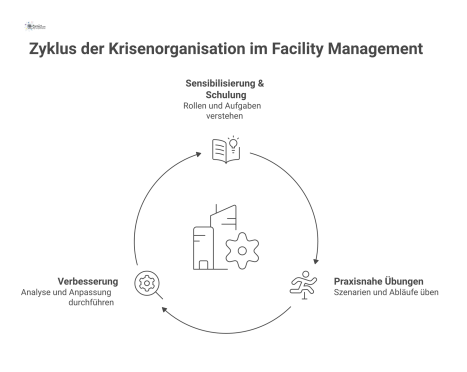 Kreislaufdiagramm des kontinuierlichen Verbesserungsprozesses für Krisenorganisation mit den drei Phasen Sensibilisierung & Schulung, Praxisnahe Übungen und Verbesserung.