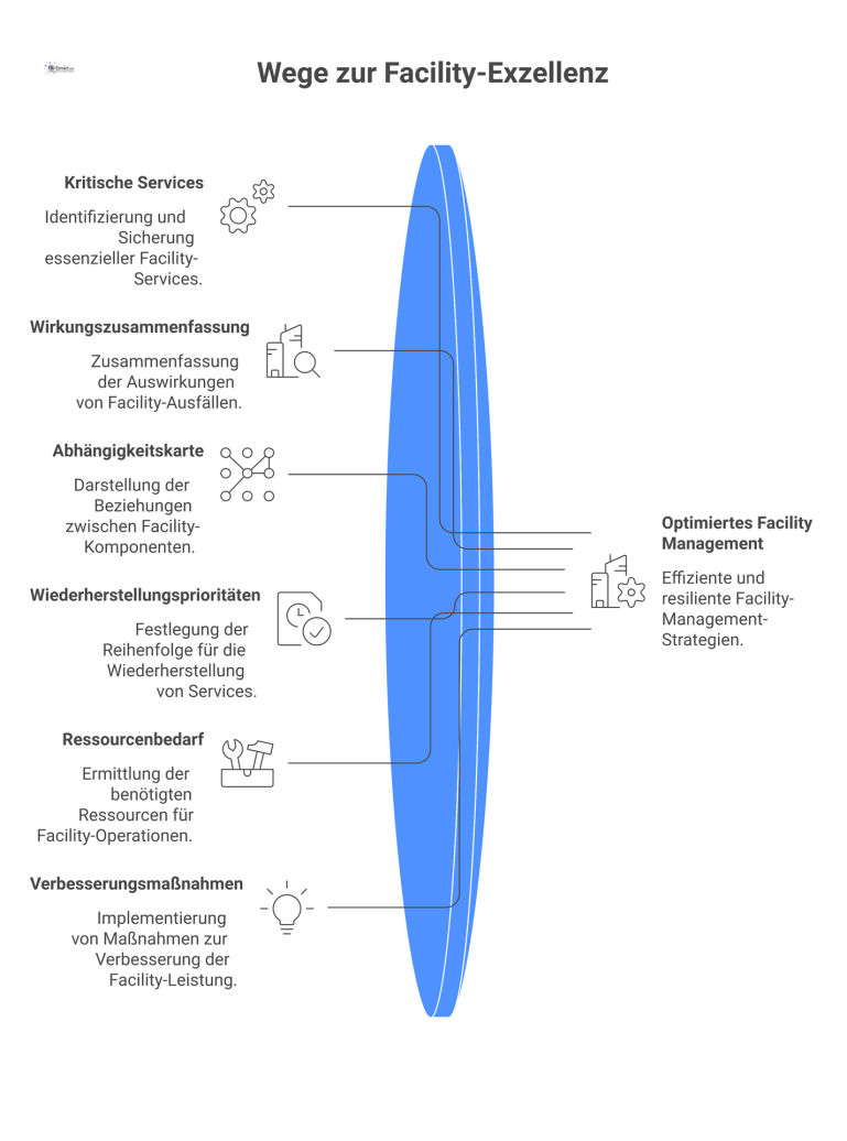 Infografik zu den Ergebnissen einer Business Impact Analyse (BIA), die kritische Services, Abhängigkeiten und Wiederherstellungsprioritäten visualisiert. 