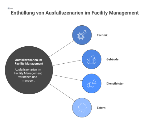 Mindmap zu Risiken im Facility Management mit den vier Hauptzweigen Technik, Gebäude, Dienstleister und Extern, jeweils mit Icon. 